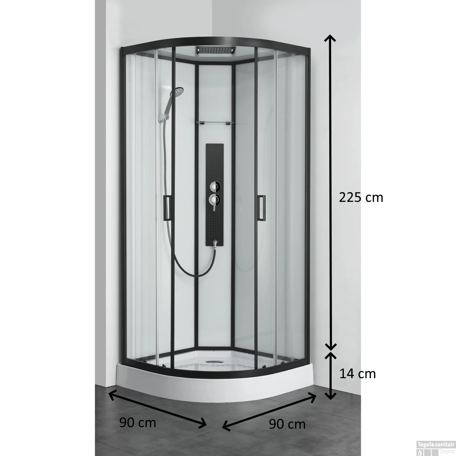 Douchecabine Allibert Uyuni 225x90x90 Cm Kwartrond Mat Zwart Schuifdeuren 4mm Helder Glas 2 Douchecabine Allibert Uyuni 225x90x90 Cm Kwartrond Mat Zwart Schuifdeuren 4mm Helder Glas - Afbeelding 2