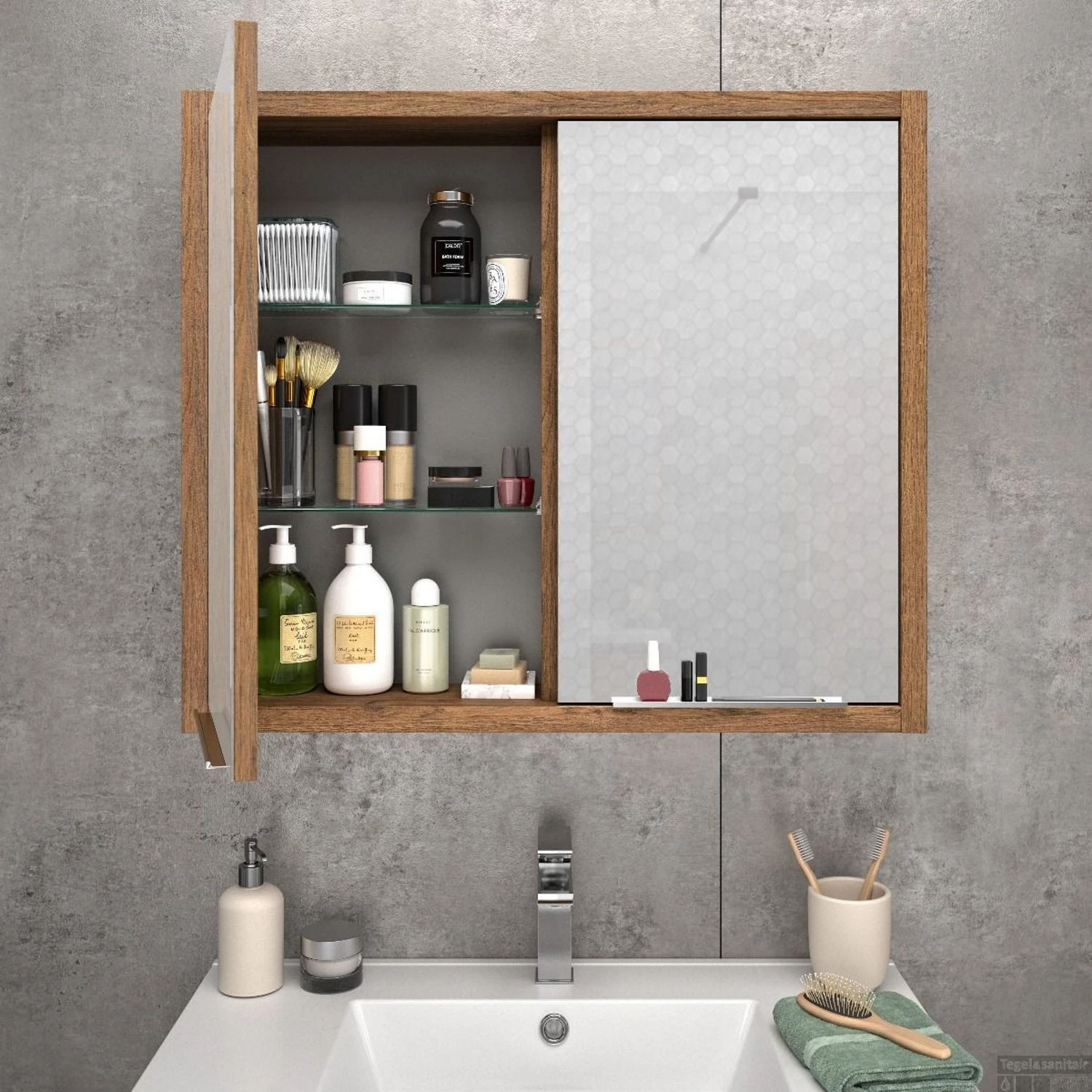 Spiegelkast Allibert Sorento Stopcontact VDE 80x69x17 Cm Eik Cognac 3 Spiegelkast Allibert Sorento Stopcontact VDE 80x69x17 Cm Eik Cognac - Afbeelding 3